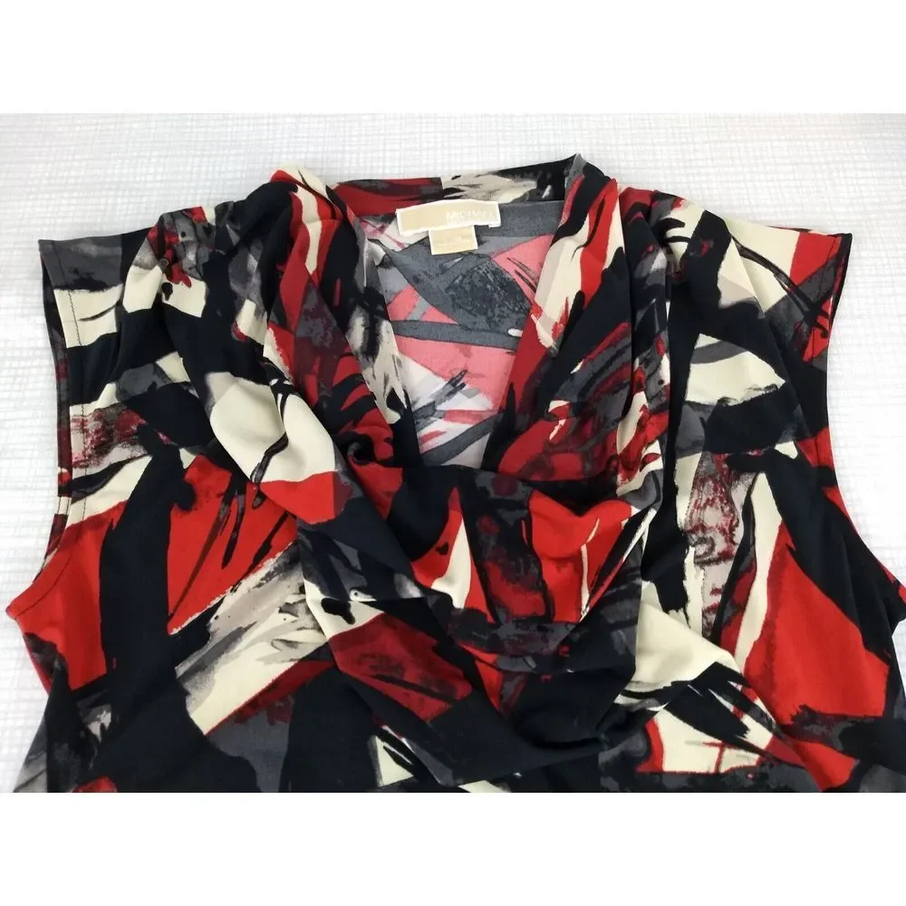Michael Kors Sleeveless Sheath Dress L Ruched Side Cowl Neck Black Red Blaze NWT